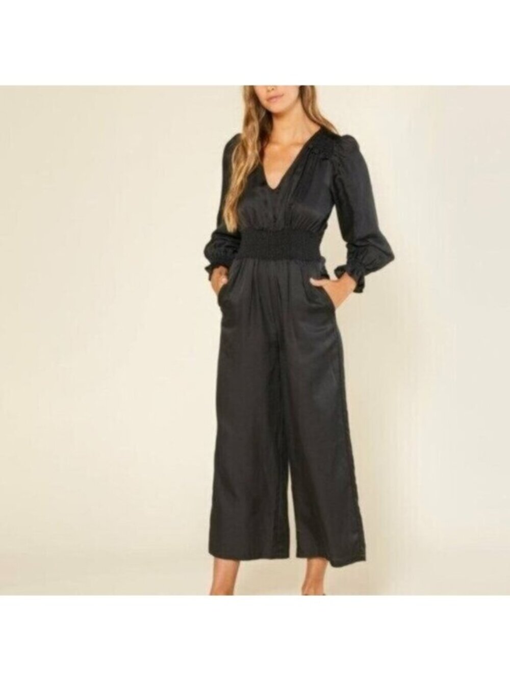 Outerknown City Lights Jumpsuit L Black Silk Cotton Wide Leg Flowy Holiday